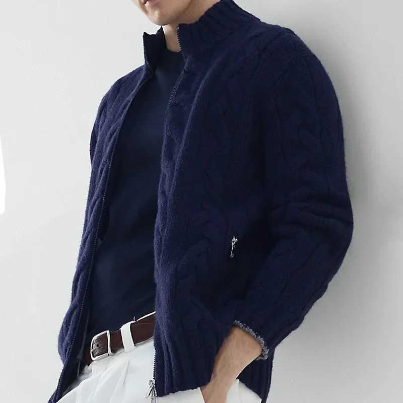 Autumn and Winter 2023 New Mens Cardigan Semi High Collar Long Sleeve Knitting Fried Dough Twists Coat Y240906