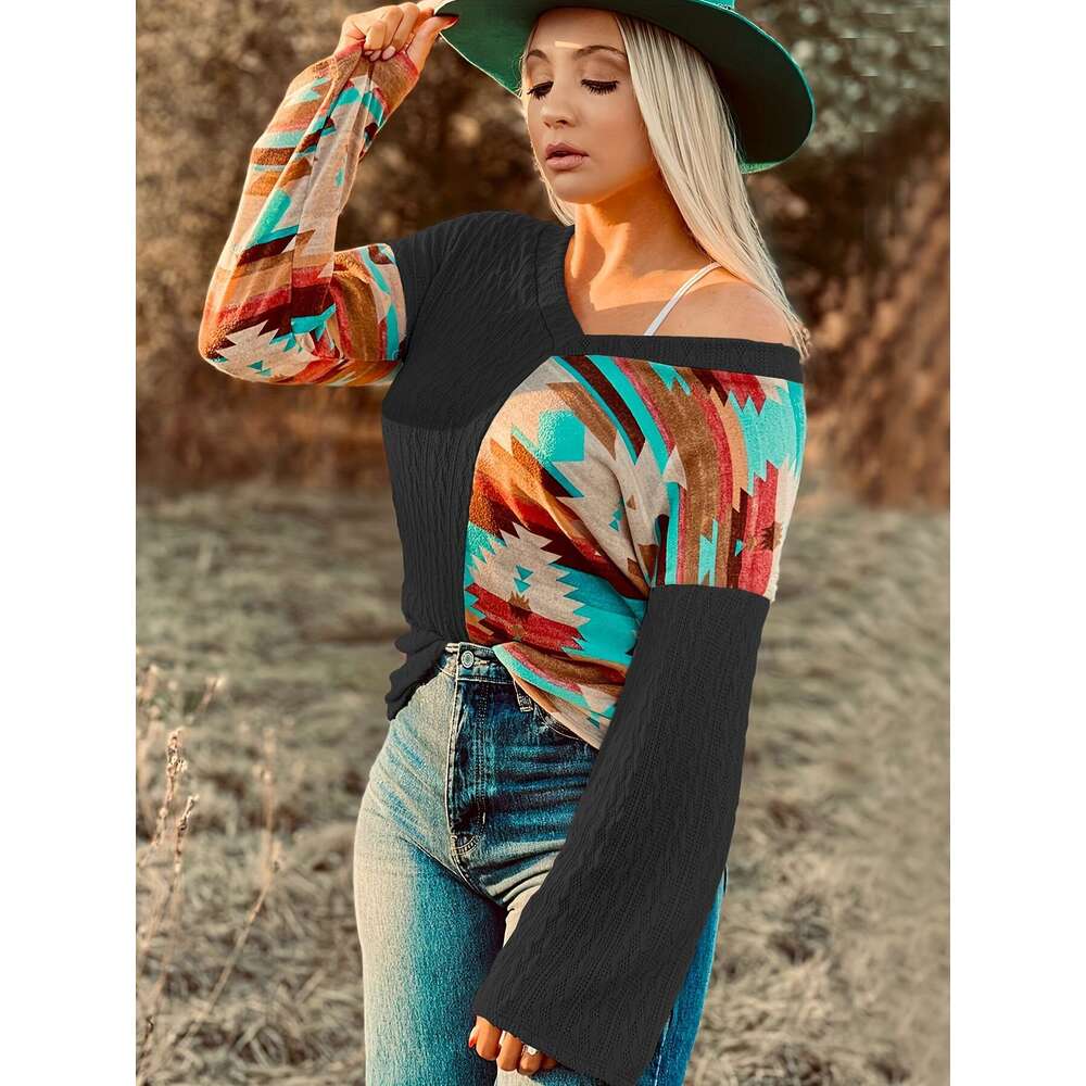 2024 Autumn/Winter New Knitted Hoodie Women's Personalized Splicing Printed Sweater Long Sleeve Women