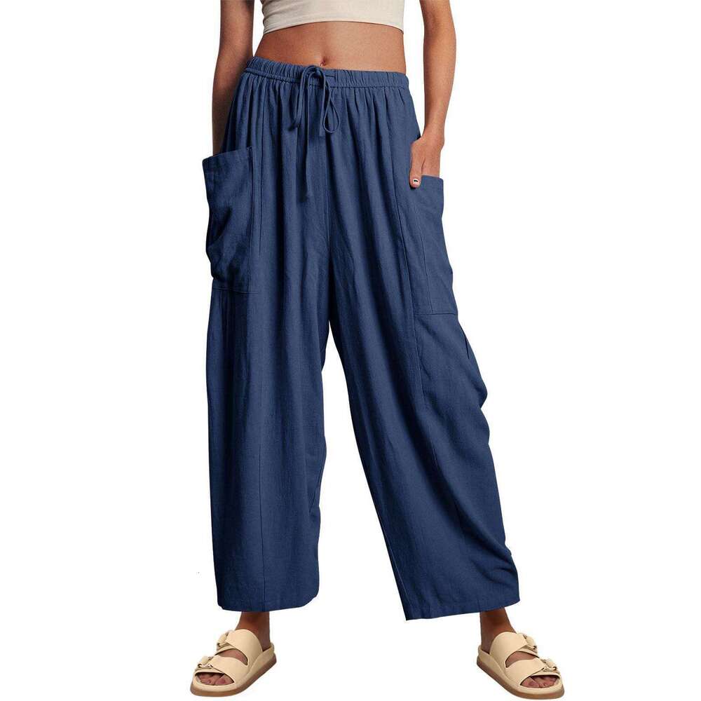 2024 TEMU Women's Elastic Pleated High Waist Wide Leg Loose Casual Cotton Hemp Pants