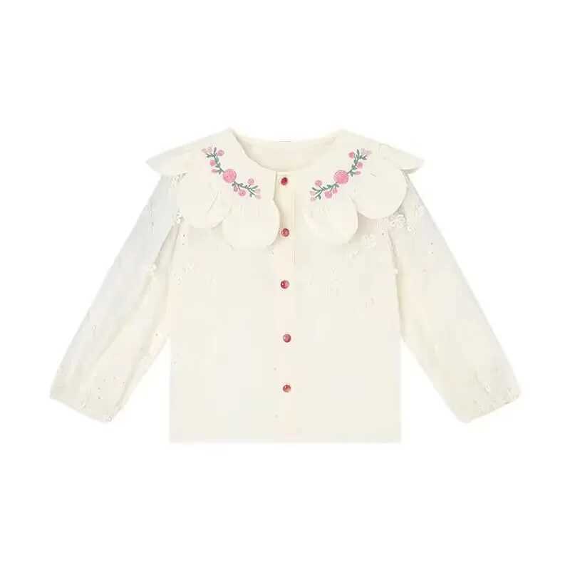 Childrens Shirt Fashion Spring/Summer New Lace Collar Shirt Girls Fragmented Embroidery Casual Long Sleeve Shirt Baby Top Y240906