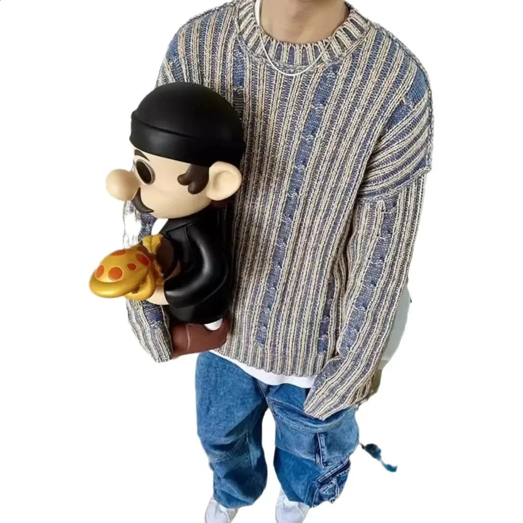 Vintage Striped Color Blocking Sweater For Men Women Autumn Winter High Street Trendy Knitted Top Crew Neck 240906