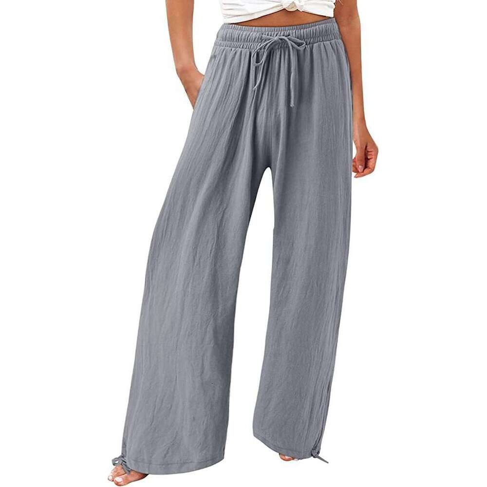 2024 Summer TEMU Women's New Cotton Hemp Wide Leg Drawstring Beach Casual Pants for Women