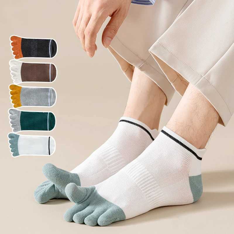 5 Pairs Man Toe Boat Socks Summer Cotton Mesh Breathable Sweat-Absorbing Patchwork Striped Elastic Ankle 5 Finger Sport Socks Y240906