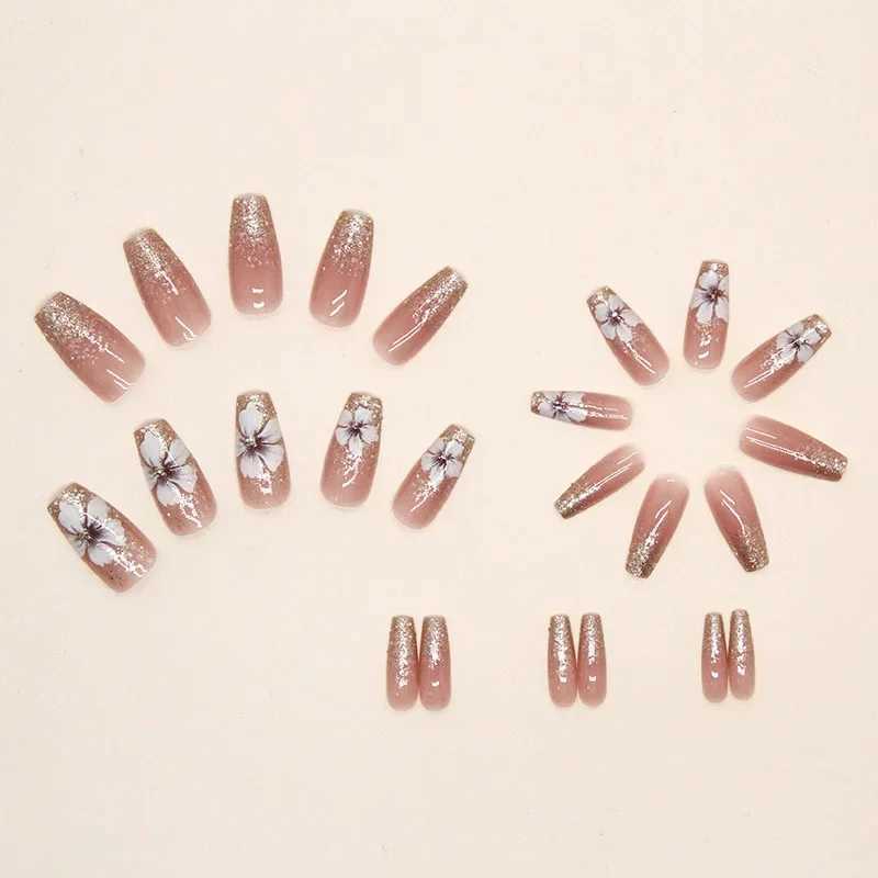 Heallor Vintage Camellia Wearable Pink Pressing Fake Nail Tip with Adhesive Fake Nail Design Butterfly Cute Girl Fake Nail W240905