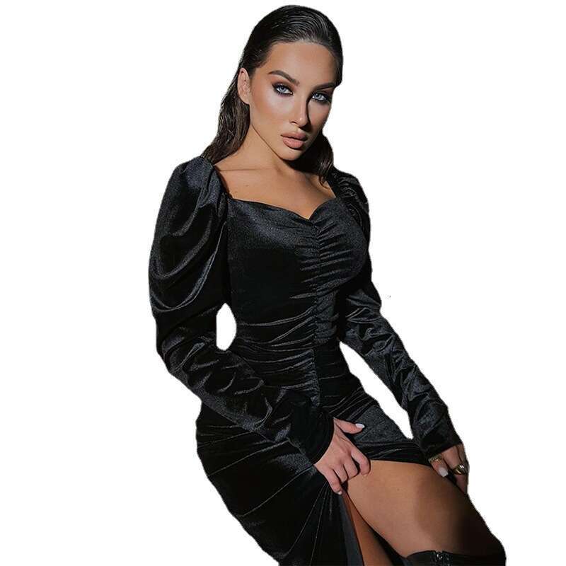 Women's 2023 Autumn New Fashion Style Pleated Slim Fit Split Long Sleeve Dress