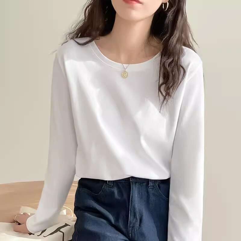 Cotton long sleeved T-shirt women loose layering for autumn winter bottom layer shirt solid color mens and womens top T