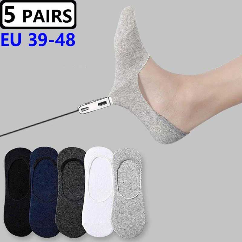 5 pairs Plus size 47.48 mens boat socks large summer non slip silicone invisible no display socks slider cotton black sports shoes W240905