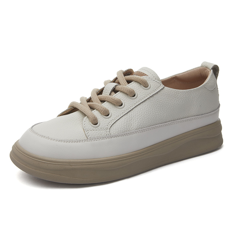 2024 four seasons new flat soft bottom fashion head layer cowhide hundred tie leisure board shoes small white shoes single shoes female