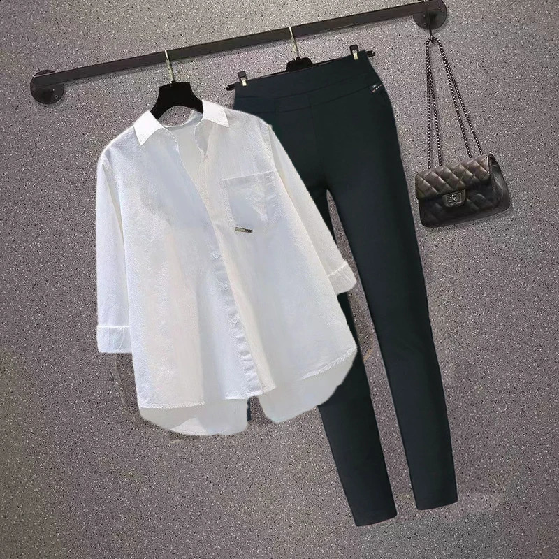 Womens Casual Sets Oversized Cotton Shirts Solid Long Sleeve Streetwear Top Blouse Sweet Loose Elastic Waist Pencil Pants Suit 240906