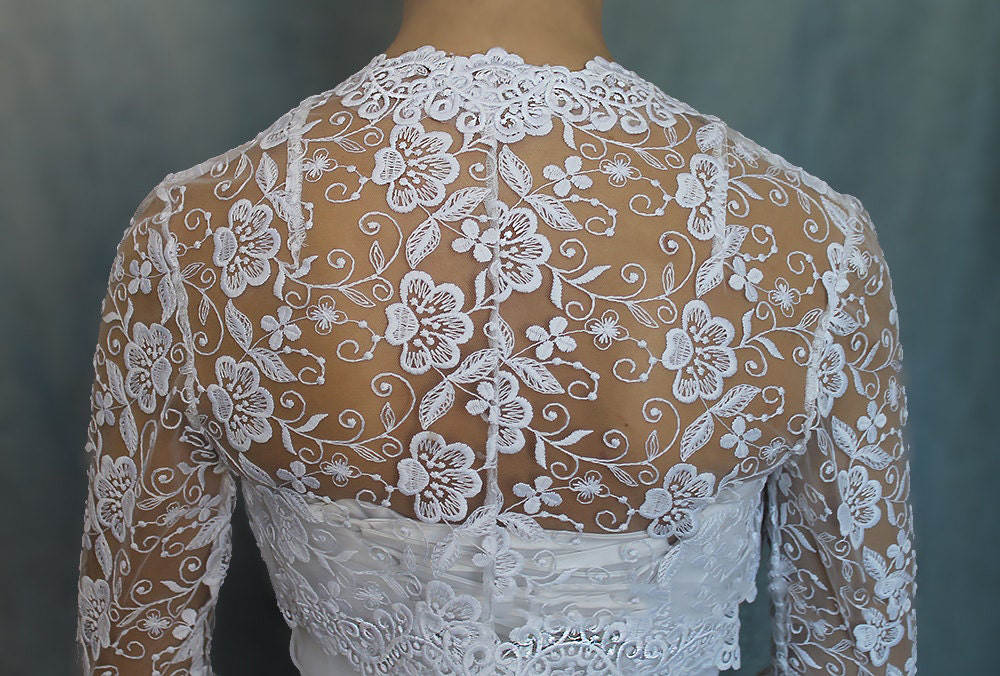 Vintage Wedding Jacket Bridal Boleros Illusion Lace Applique Top Long Sleeve Custom Made Wraps Jackets