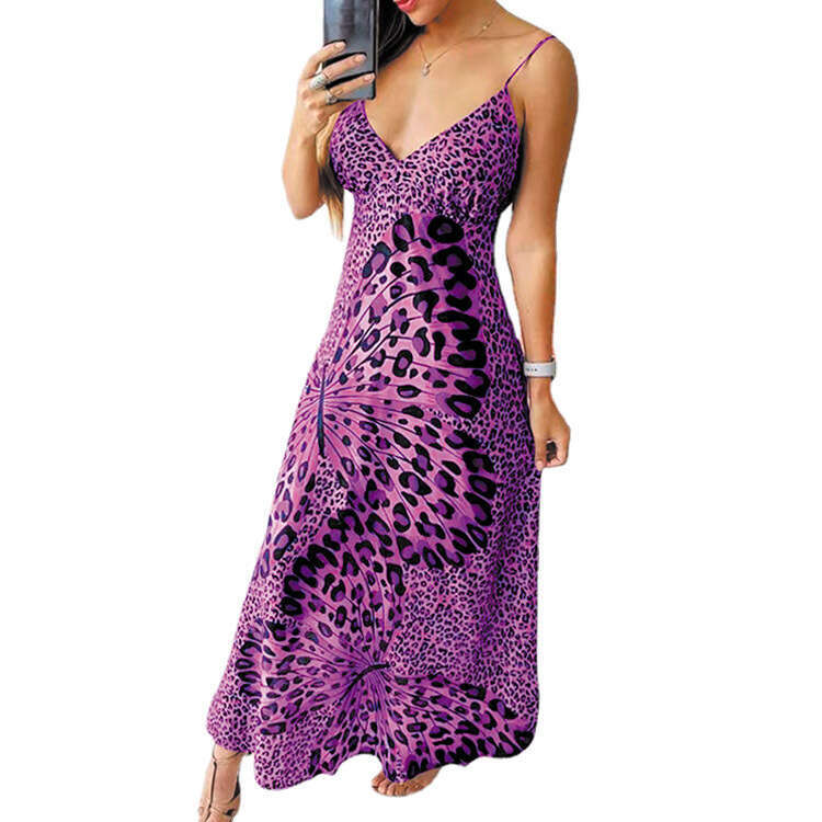 2023 New Women's Strap Leopard Pattern Butterfly Print V-Neck Sleeveless Bottom Dress