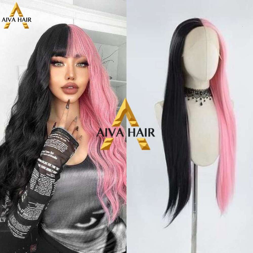Aiva Hair Pink Half Black Synthetic 13X4 Lace Front Wig Cosplay Heat Resistant Glueless Wigs For Women Pre Plucked 180%