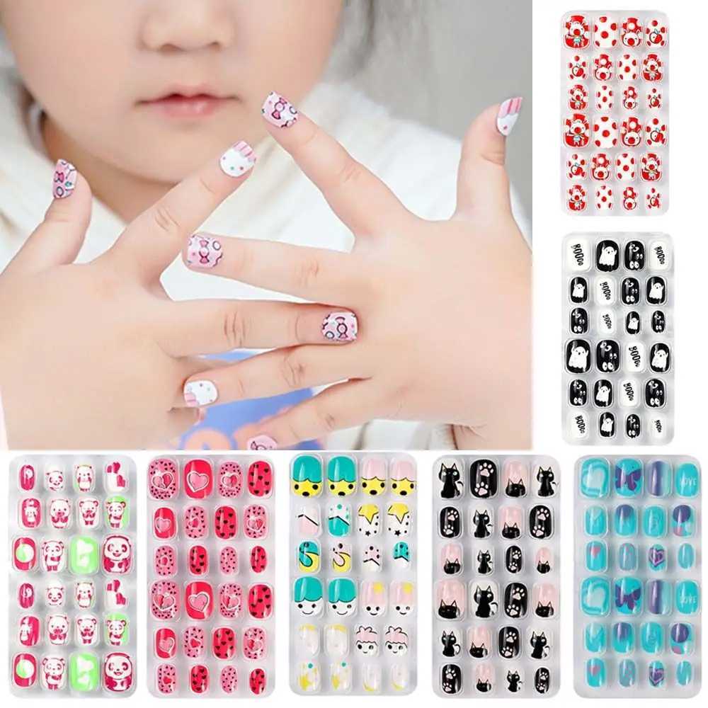 24pcs Childrens Fake Nail Cartoon Style Detachable Press Fake Nail Full Cover Press Stick Childrens Girl Nail Decoration W240905