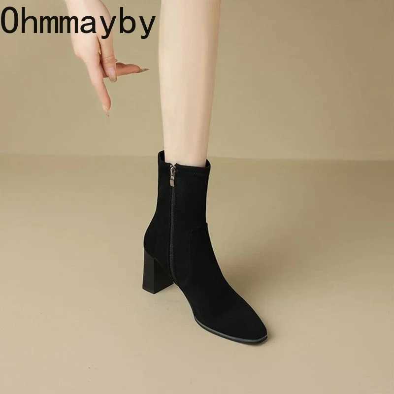 Street Style Square Toe Womens Ankle Boots Fashion and Elegant Zipper Shoes Autumn Thick High Heels Modern Short Boots CL240906