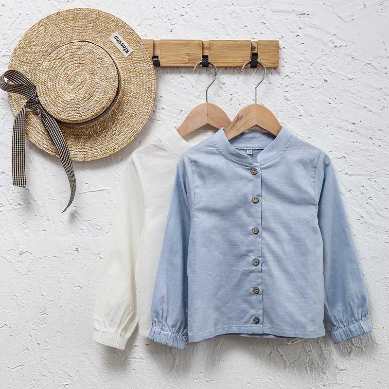 Boys Stand-Up Collar Linen Shirt 2024 Autumn New Childrens Single-Breasted Casual Daily British Style Long-Sleeved Shirts Y240906