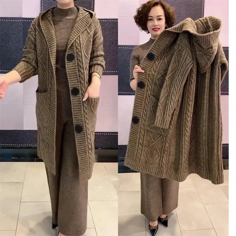 Autumn jacquard twisted hooded cardigan womens long single chest knitted M5XL 240905
