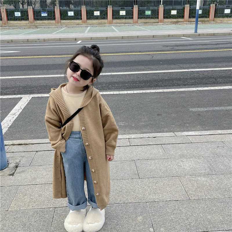 2024 Spring New Korean Children Wear Girls Long Knitted Woolen Coat with Leisure and Western Style Hooded Cardigan Coat TrendyY240906