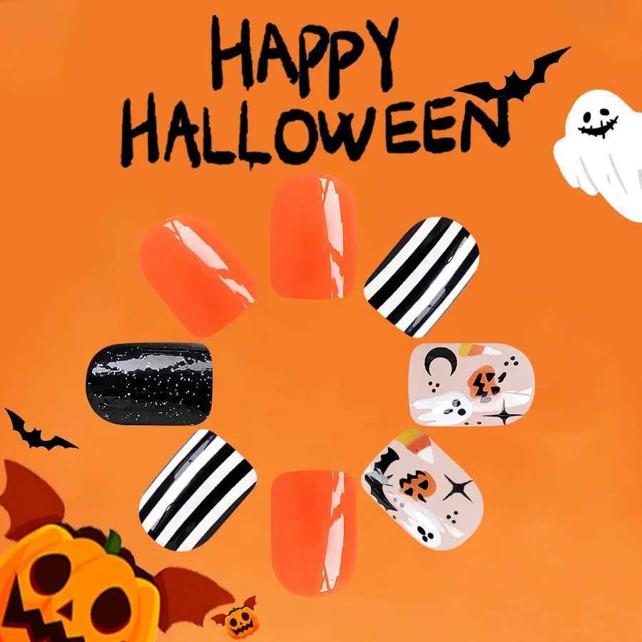24 Halloween themed short square glossy nail set ghost striped pumpkin bat French pumpkin color block style fake nails W240905