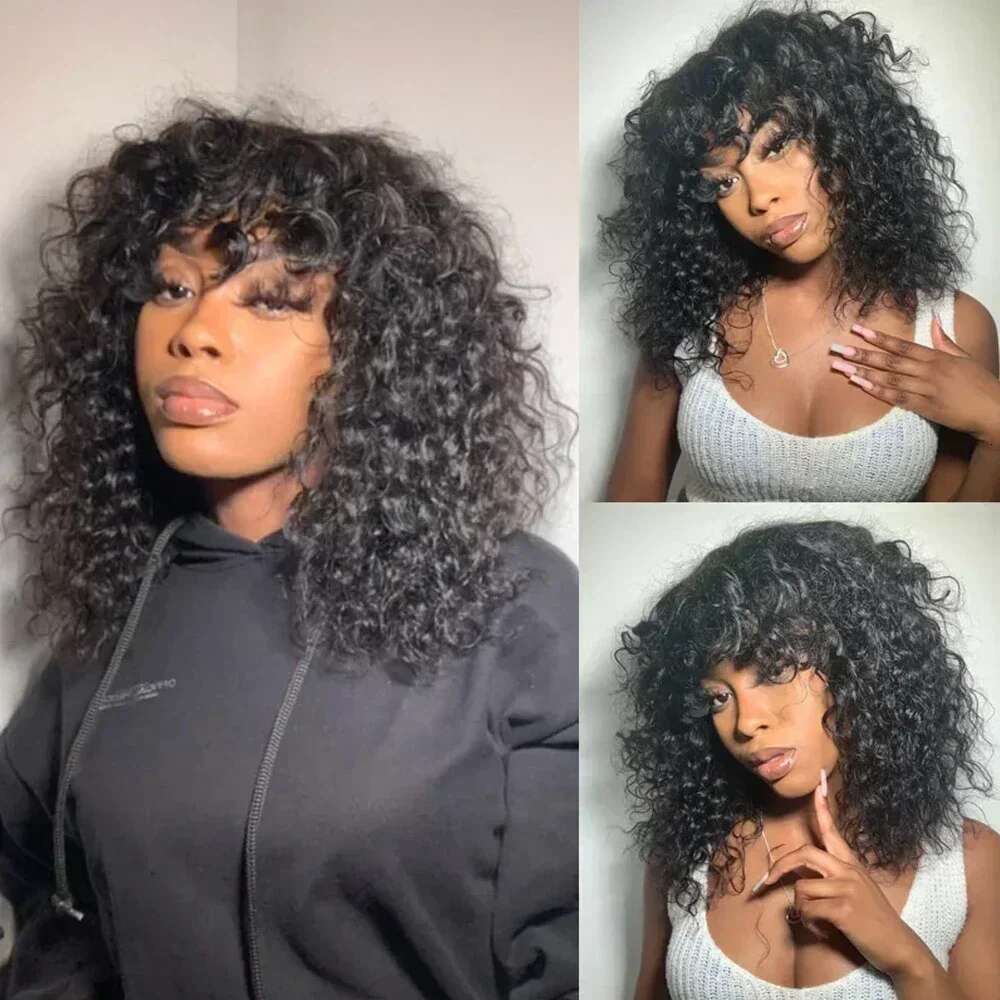 Human Hair With Bangs Brazilian Remy Funmi Short Bob Curly Wigs 180% Density Water Wave Wig Natural Black