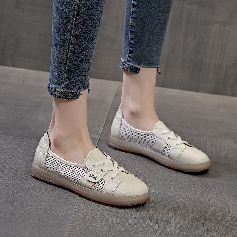 Head layer cowhide small white board shoes female breathable shallow mouth 2024 cow reinforced soft bottom anti-odour a stirrup single shoes female