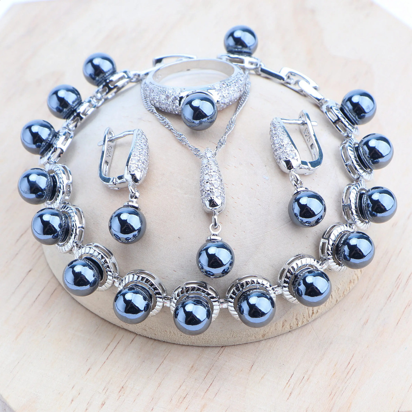 925 Silver Jewelry Set for Bridal Black Pearl Natural White CZ Ring Bracelet Earrings Pendant Necklace Set for Womens Wedding Jewelry 240906