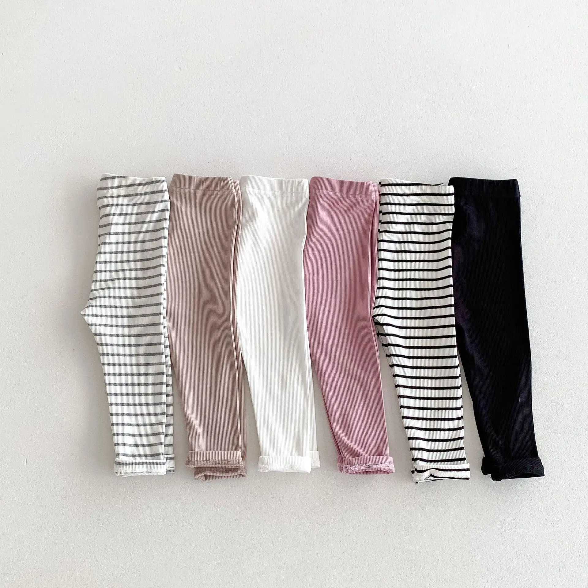 2024 Autumn New Children Solid Leggings Kids Tights Boys Girls Cotton Stretch Pants Striped Toddler Casual Versatile Trousers Y240906