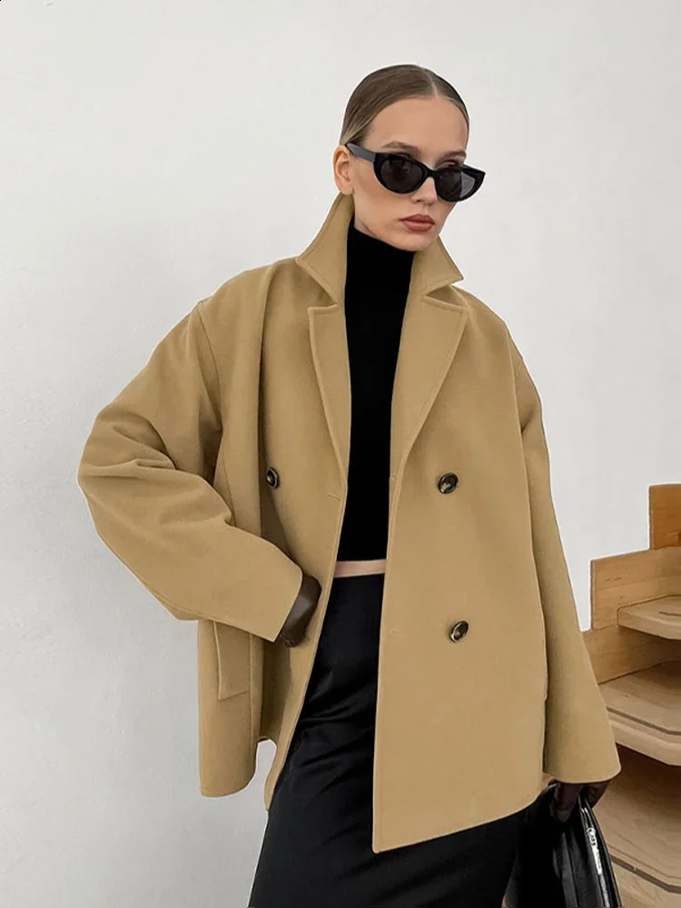 Fashion Solid Turn Down Collar Jackets For Women Casual Double Breasted Pockets Coat 2024 Autumn Winter Long Sleeve Loose Jacket 240905