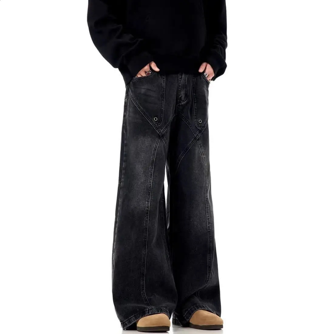 Street hiphop trendy patchwork washed jeans suitable for men and womens autumn retro loose wide leg Harajuku casual pants 240905