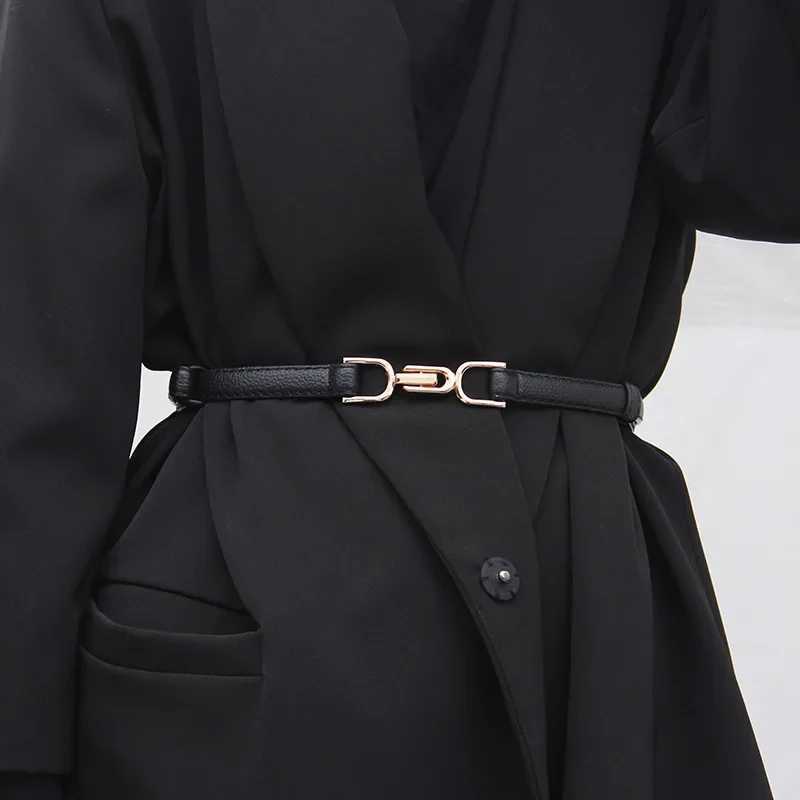 Adjustable PU leather womens dress with thin waist belt and gold buckle for women W240905