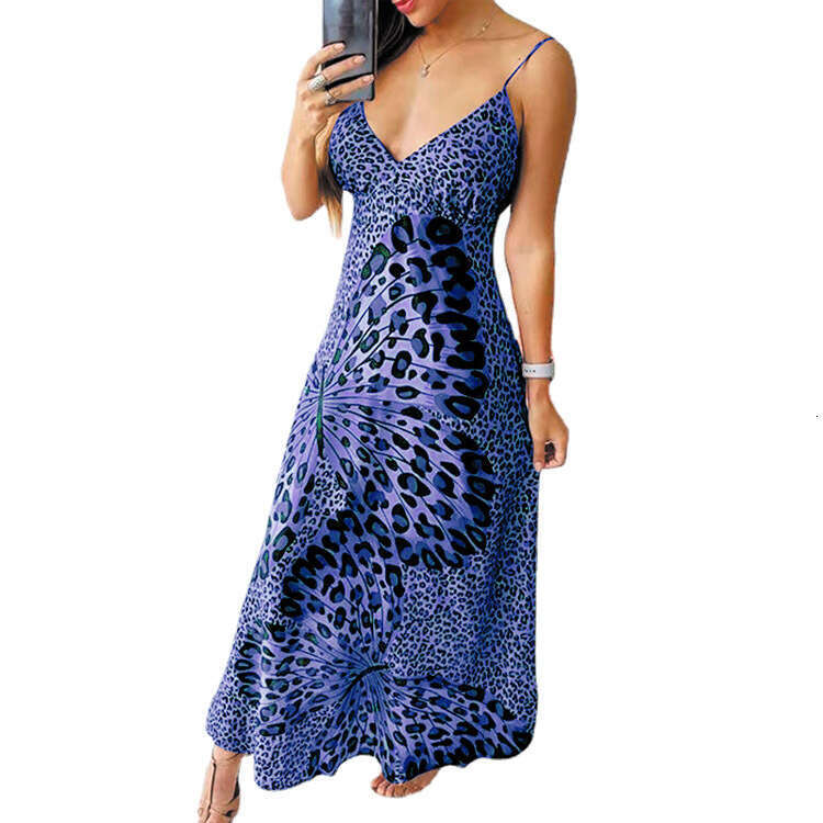 2023 New Women's Strap Leopard Pattern Butterfly Print V-Neck Sleeveless Bottom Dress