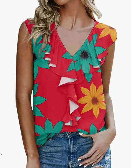 2024 temu Summer New Women's Printed Wood Ear Edge T-shirt Tank Top