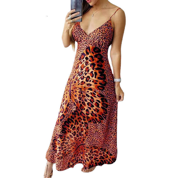 2023 New Women's Strap Leopard Pattern Butterfly Print V-Neck Sleeveless Bottom Dress