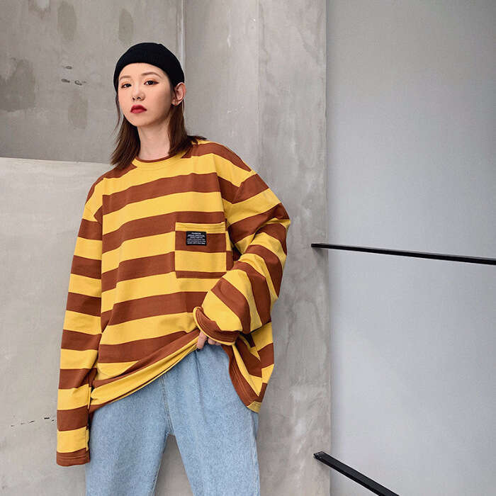 2019 new long sleeved striped T-shirt for women ins Harajuku loose Korean version top