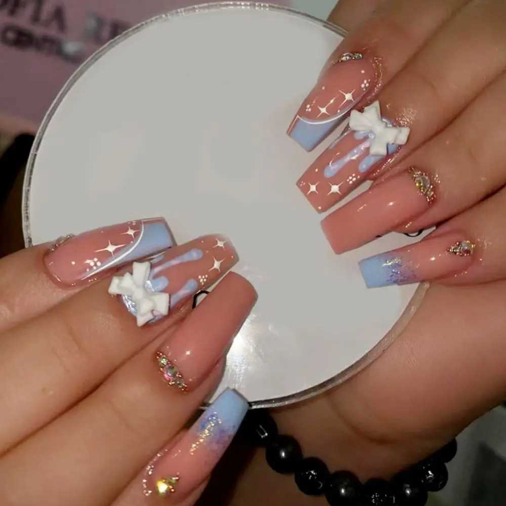 Long ballet dancer fake nails purple butterfly nails pointed fake nails womens fashion French detachable full cover pressed nails W240905