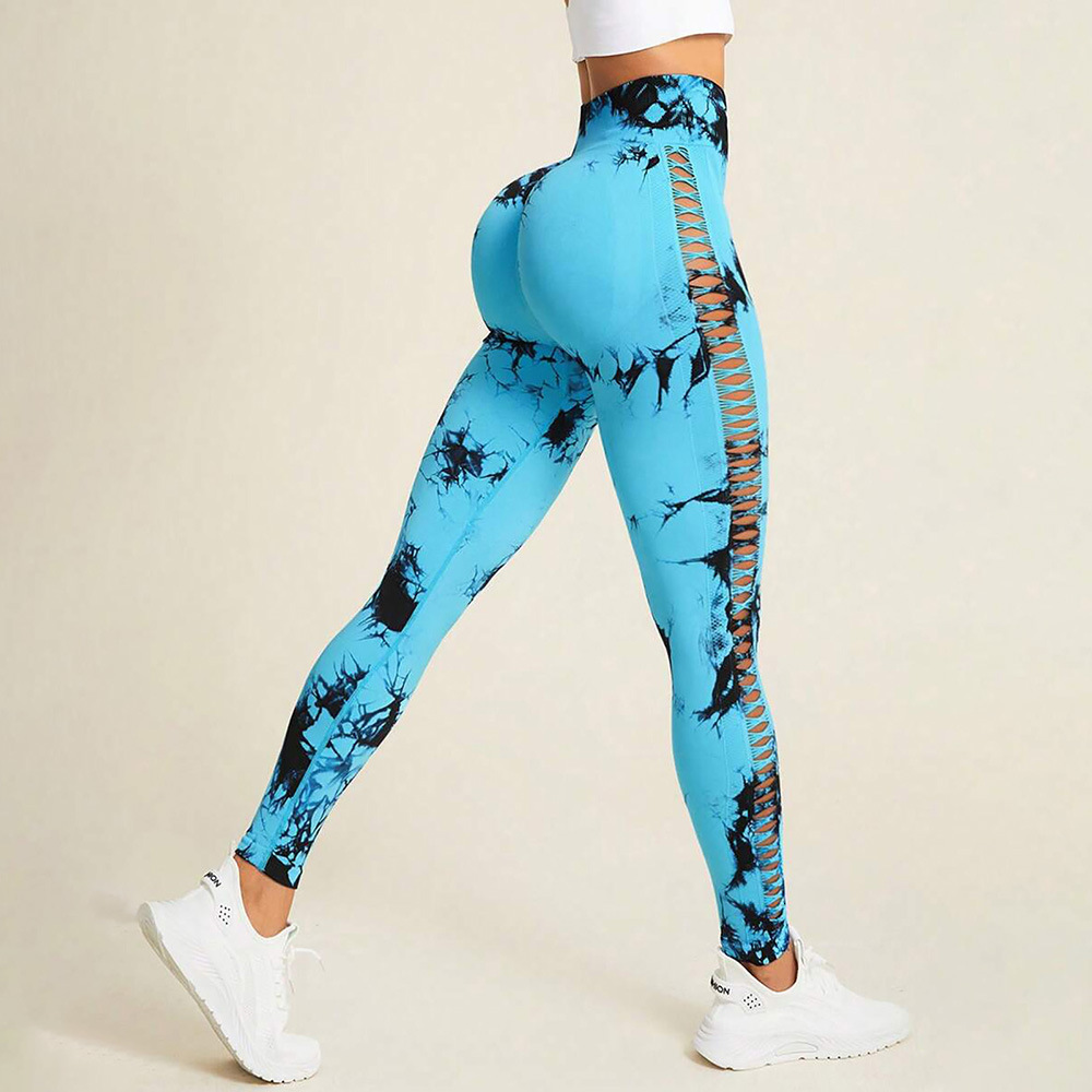 Seamless tie dye nude peach hip hollow out quick drying fitness beauty sports yoga pants for women