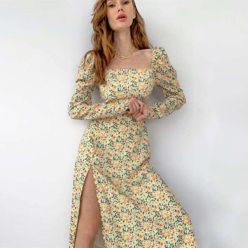 2023 Spring/Summer Bohemian Sleeve Split Dress, Youthful and Sweet Daisy Printed Long Dress