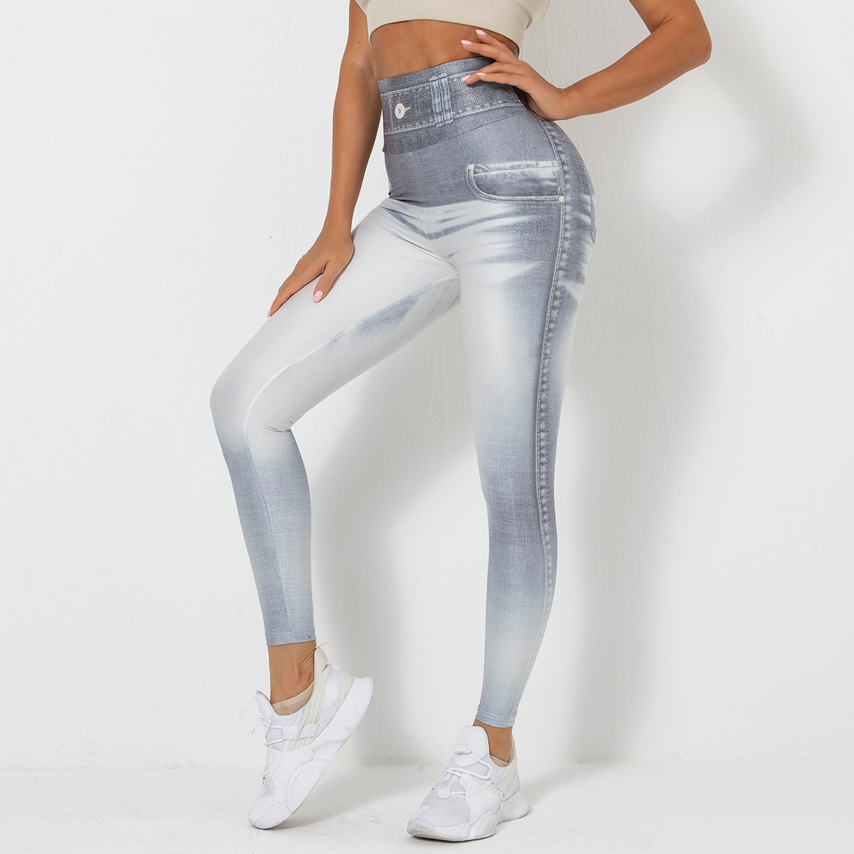 Digital printed denim blue height elastic quick drying yoga pants, sports running tight fitness pants for women