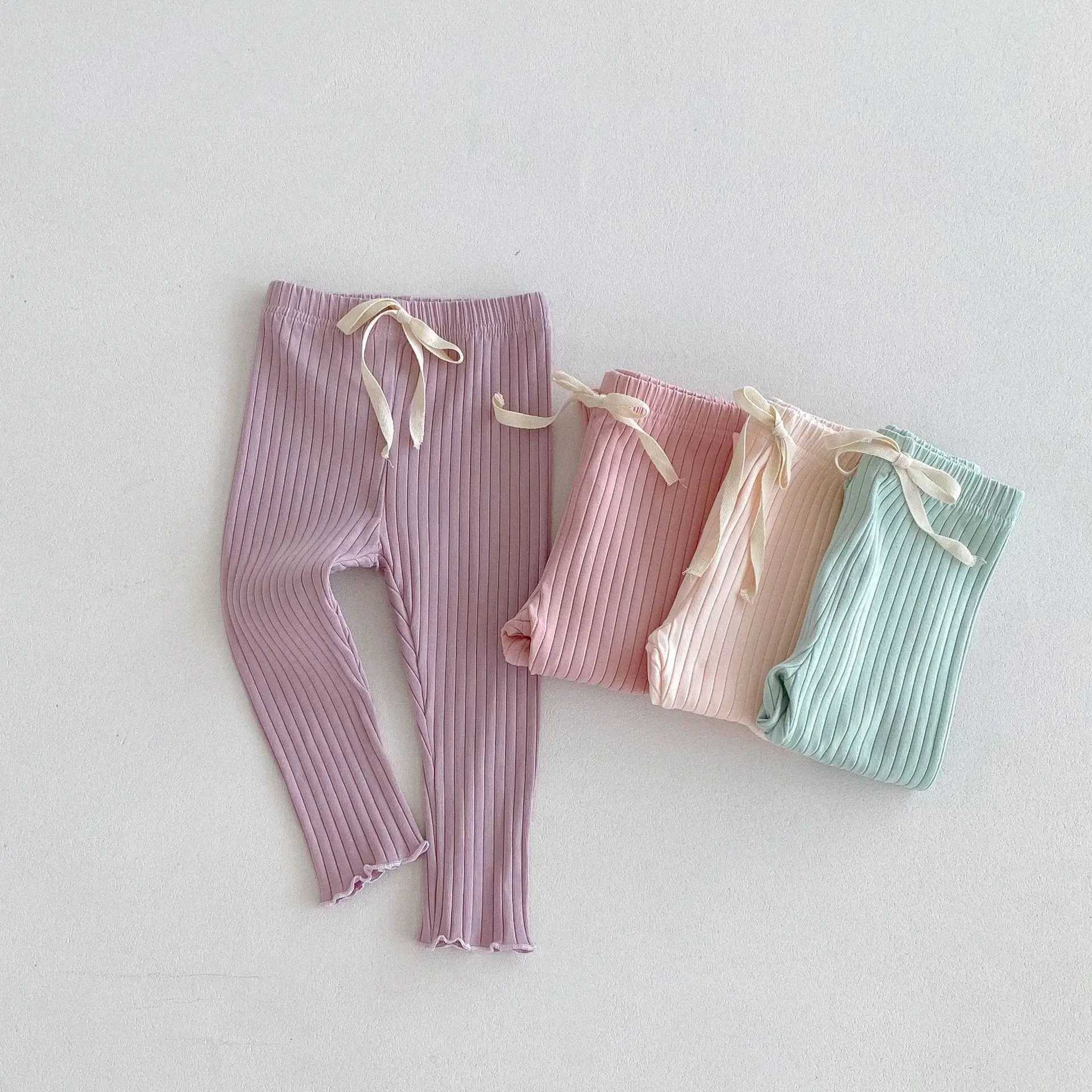 Autumn New Girls Cute Bow Leggings Cotton Children Solid Ribbed Tights Toddler Versatile Stretch Pants Kids Casual Trousers Y240906