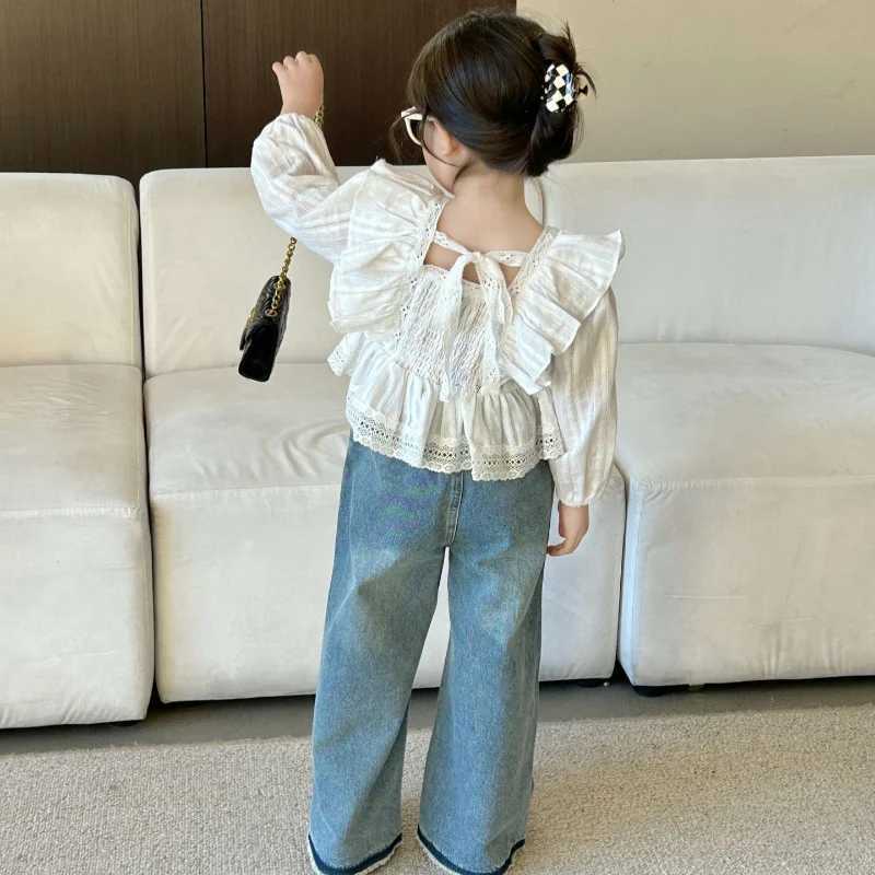 2024 Autumn New Style Kids Girls Blouses Korean Fashion Lace Long Sleeve Shorts Square Collar Cotton Cute Sweet Infant Shirts Y240906