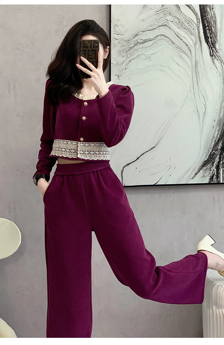 Spring and autumn two-piece pants set womens casual jacket jacketelastic waist wide leg pants set womens Trouser set 240903