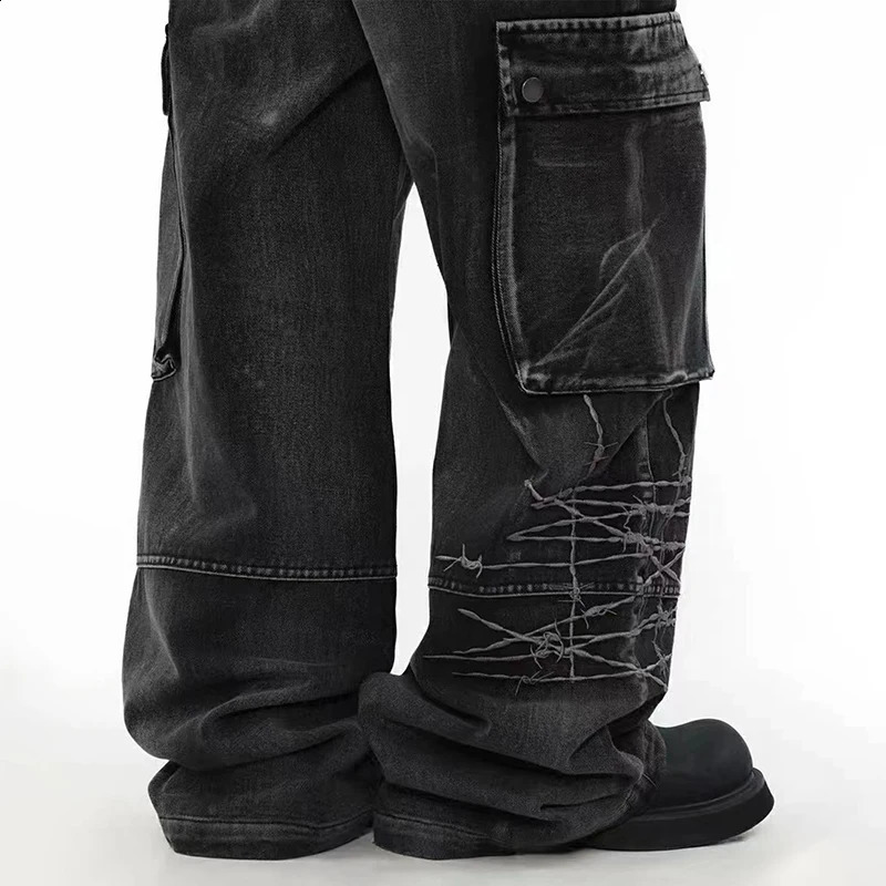 PFNW American Style Embroidery Jeans Mens High Street Cargo Pants Loose Wide Leg Denim Trousers Autumn Chic Trendy 28W4043 240903