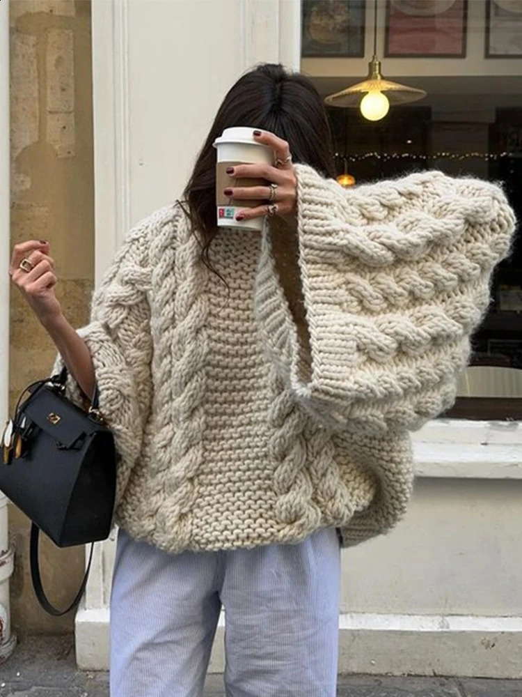Oversized Knitted Floral Womens Casual Lazy Round Neck Twisted Solid Sweater Autumn Winter Loose Sleeve Women 240905