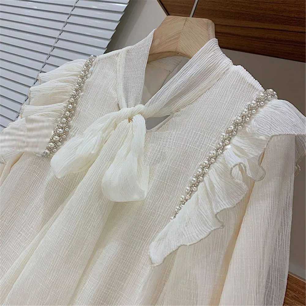 Girls Blouses Spring Chiffon Long Sleeve Preppy Cute Kids Beige Shirts Cotton Girls Clothes School Uniform Vestidos 6 8 10 Years Y240906