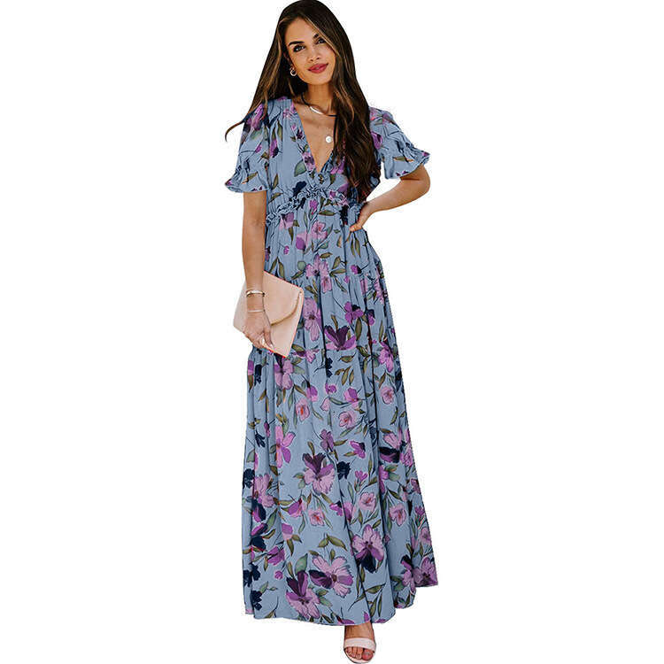 Printed short sleeved dress women's summer new V-neck with waistband for slimming and loose fitting long skirt
