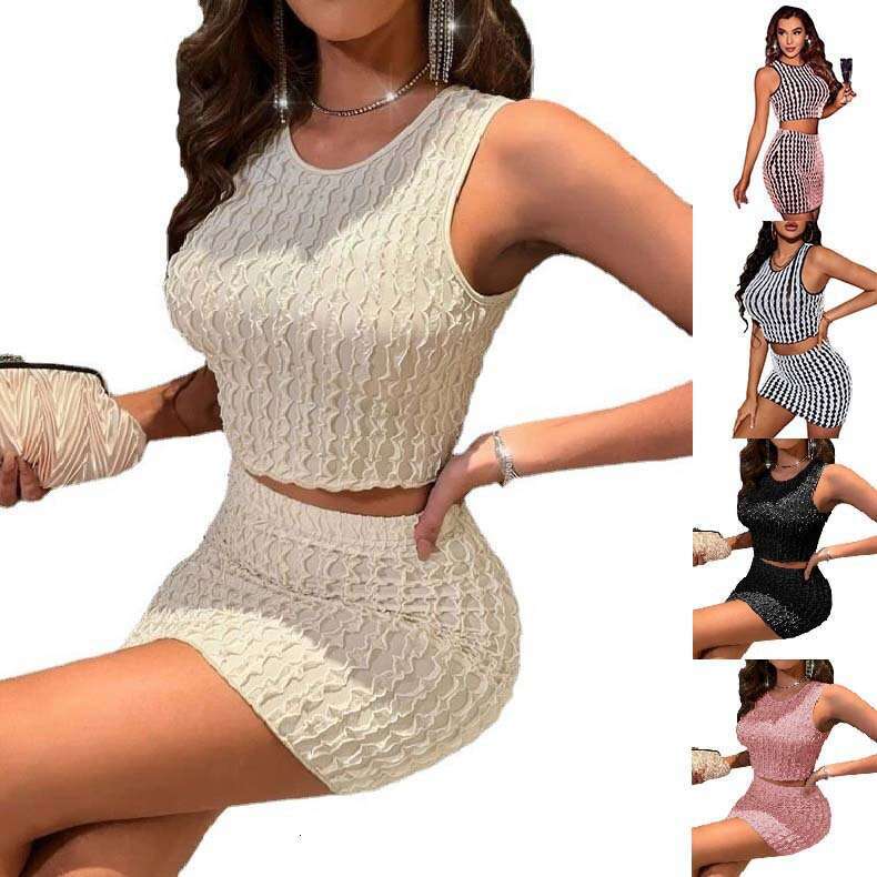 2024 Summer New Sexy Round Neck Slim Fit Small Tank Top High Waist Wrap Hip Tight Skirt Set