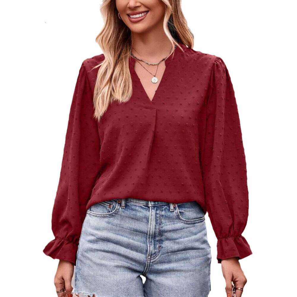 2024 Autumn New Womens Jacquard T-shirt V-neck Loose Long Umbrella Sleeve Top