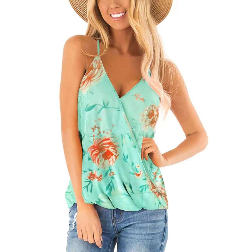 2024 Summer New Women's Small Vest V-neck Printed Folded Sleeveless Top for Women