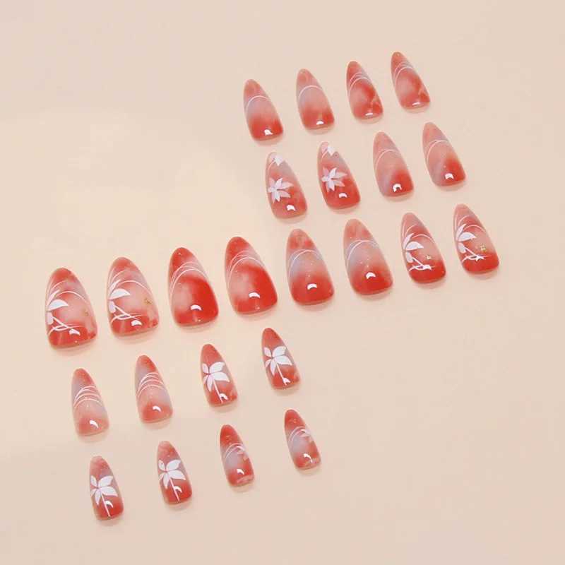 24 Ins flower false nails gradually powder blusher Korean sweet almond pressed on the nails suitable for women to wear removable false nails W240905