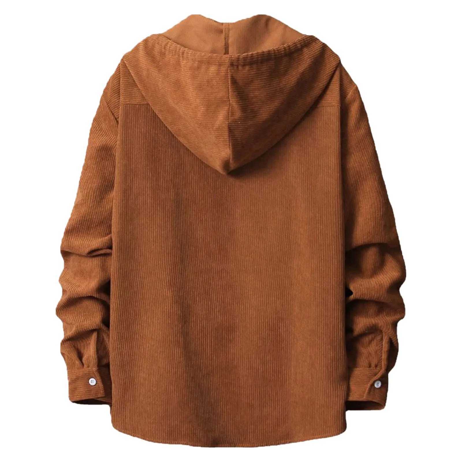 New Mens Corduroy Shirt Jacket Casual Long Sleeved Jacket Button Up Hooded Shirt Hoodies Brown Sweatshirt For Male Mens Hoodie Y240906