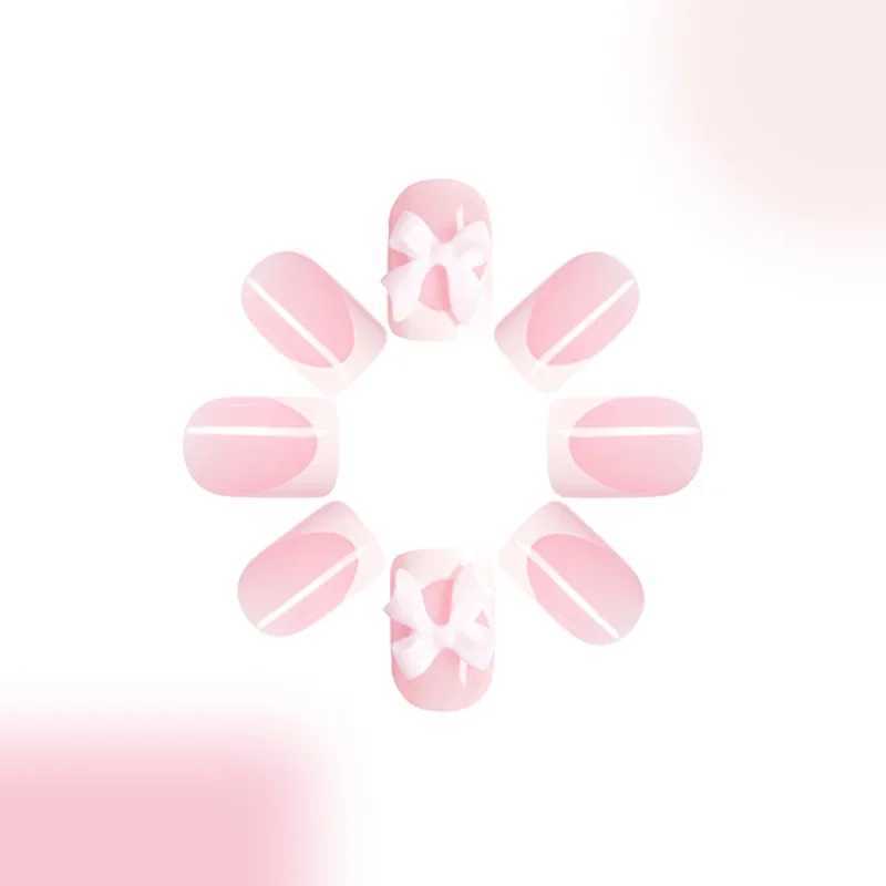 24 pieces/set of bows pressed on nails short square fake nails white French pointed fake nails with pink bow charm female nail stick W240905